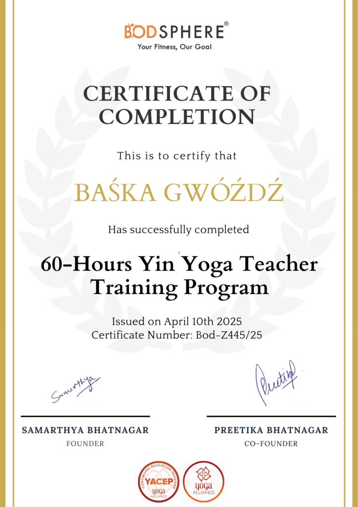Bodsphere's Certificate of 60 Hrs Yin Yoga Teacher Training Course